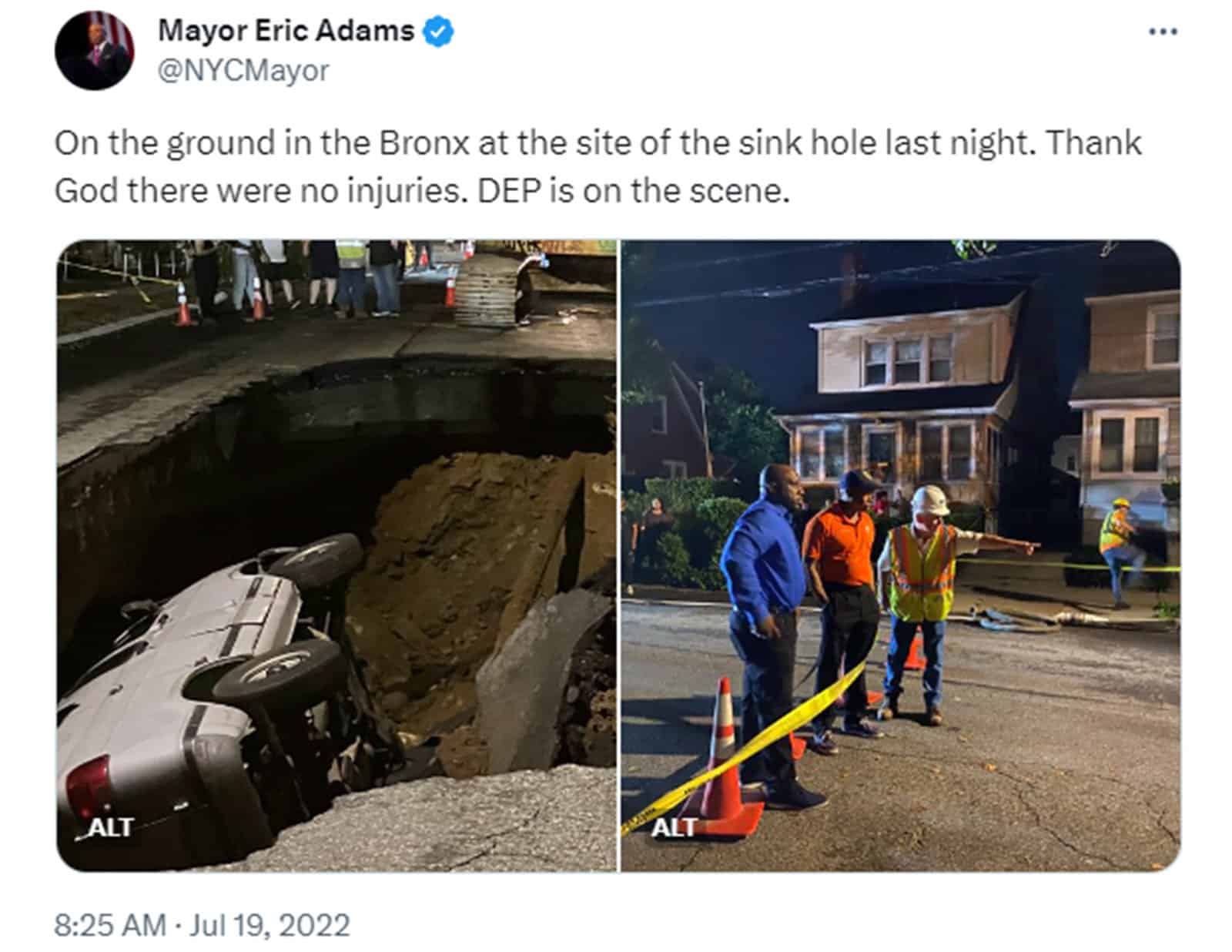 Twitter post from NYC Mayor Adams about a sinkhole in the Bronx