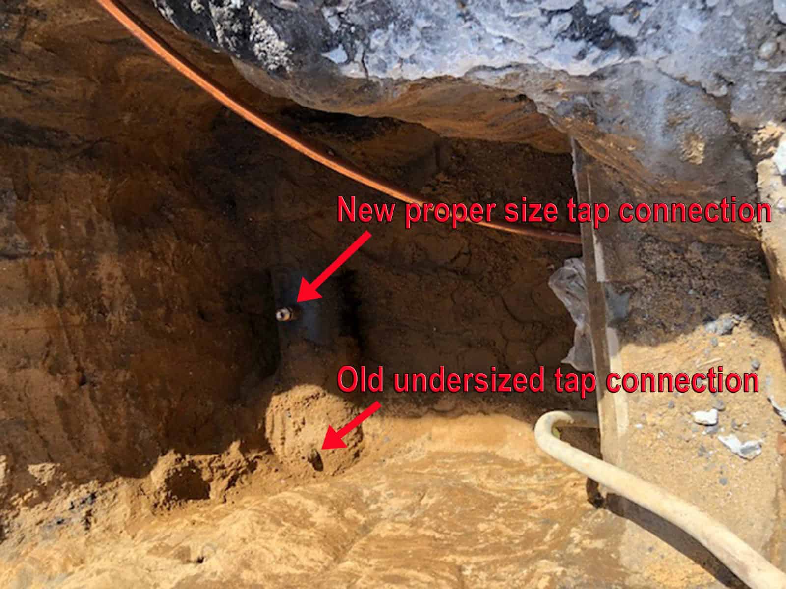 Low water pressure in house caused by an undersized tap connection on the city water main.