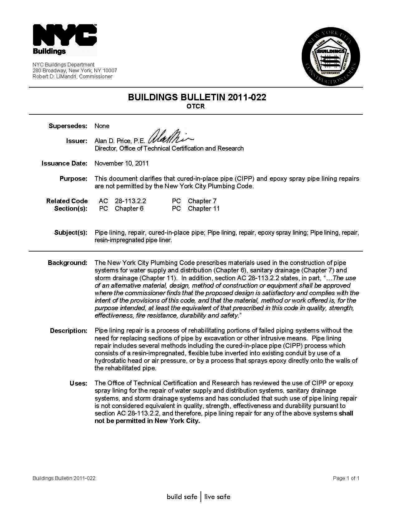 NYC buildings plumbing code notice about trenchless sewer systems